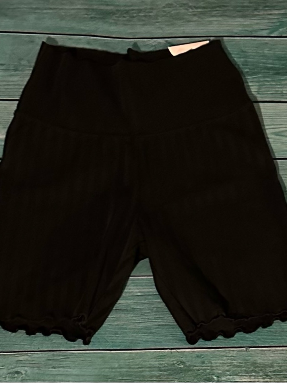 Women Aerie Offline Black Ribbed Bike Shorts with Lettuce Hem
